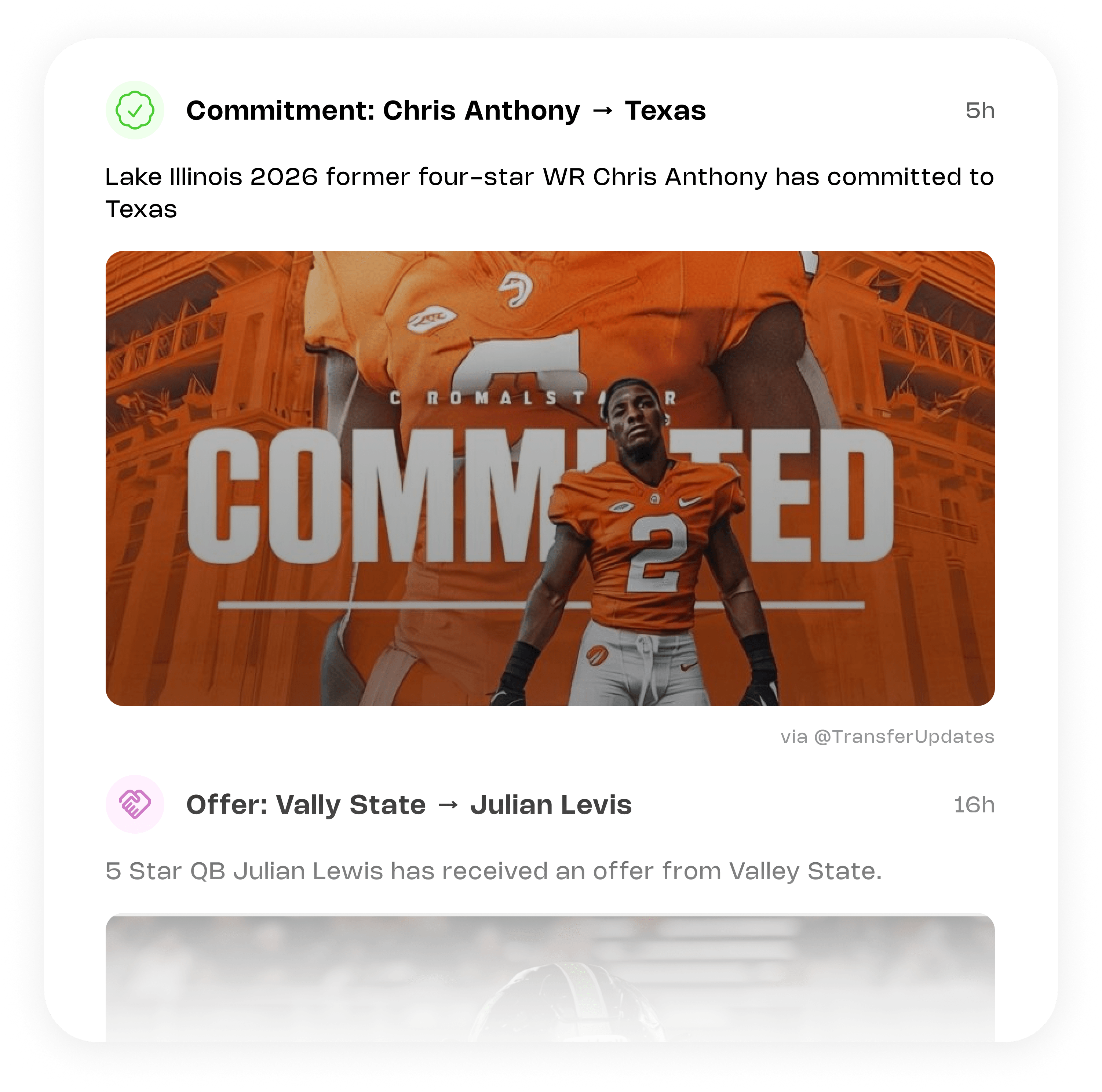 Stay on top of every transfer portal entry, offer, and commitment in real time. UpNext monitors a wide range of news sources so you don't have to. Never miss an update.